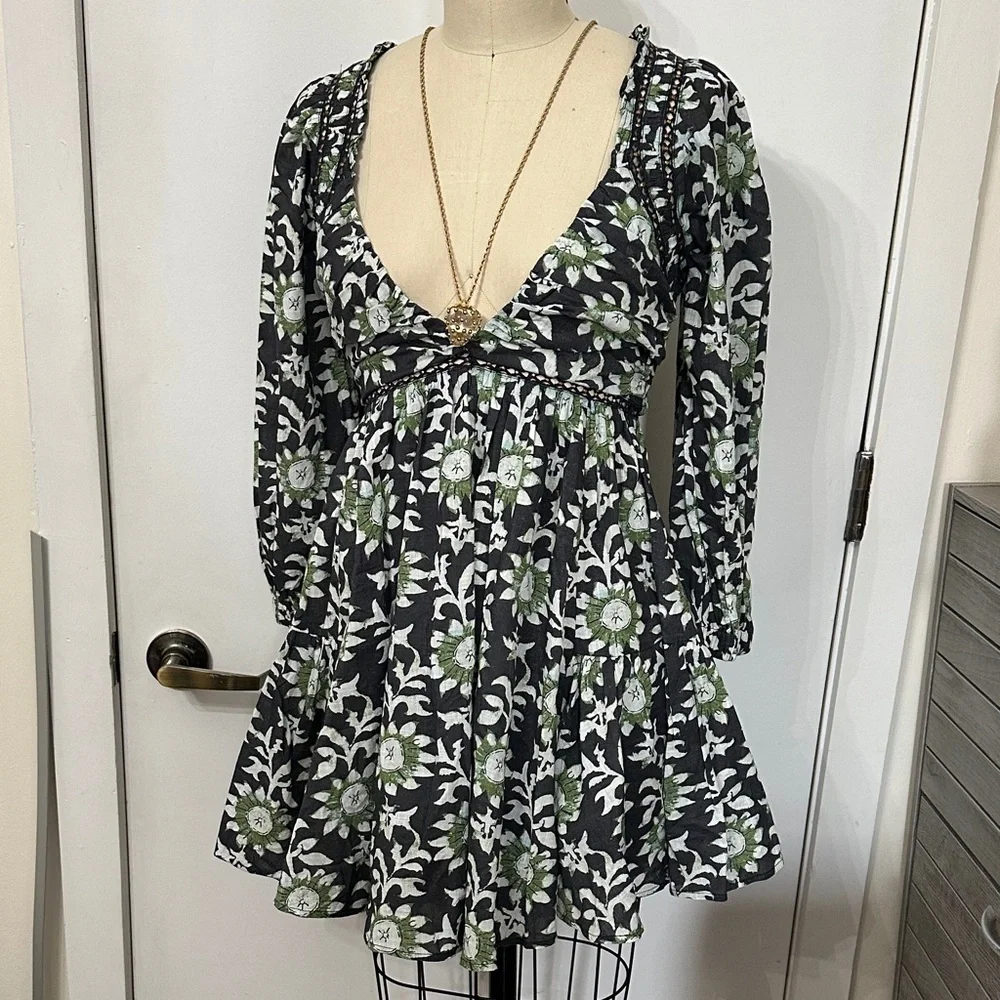 Free People Black and Green Floral Long Sleeve Dress - Picture 2 of 8